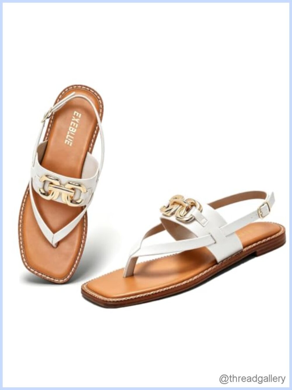 Womens Square Toe Thong Sandals Gold Chain Adjustable Buckle Strap